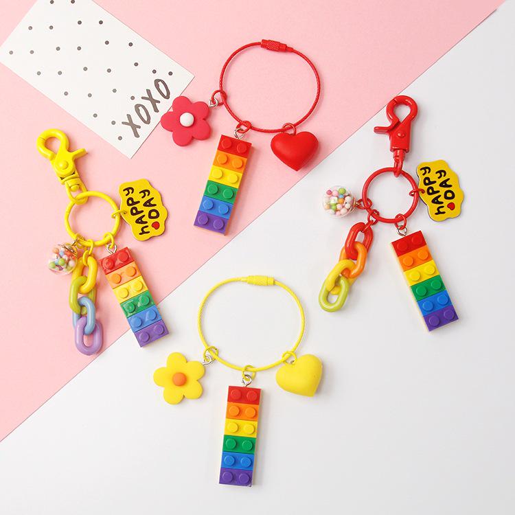 Adorable Rainbow Building Blocks Bell Keychain - Pink Cartoon Gift Decoration