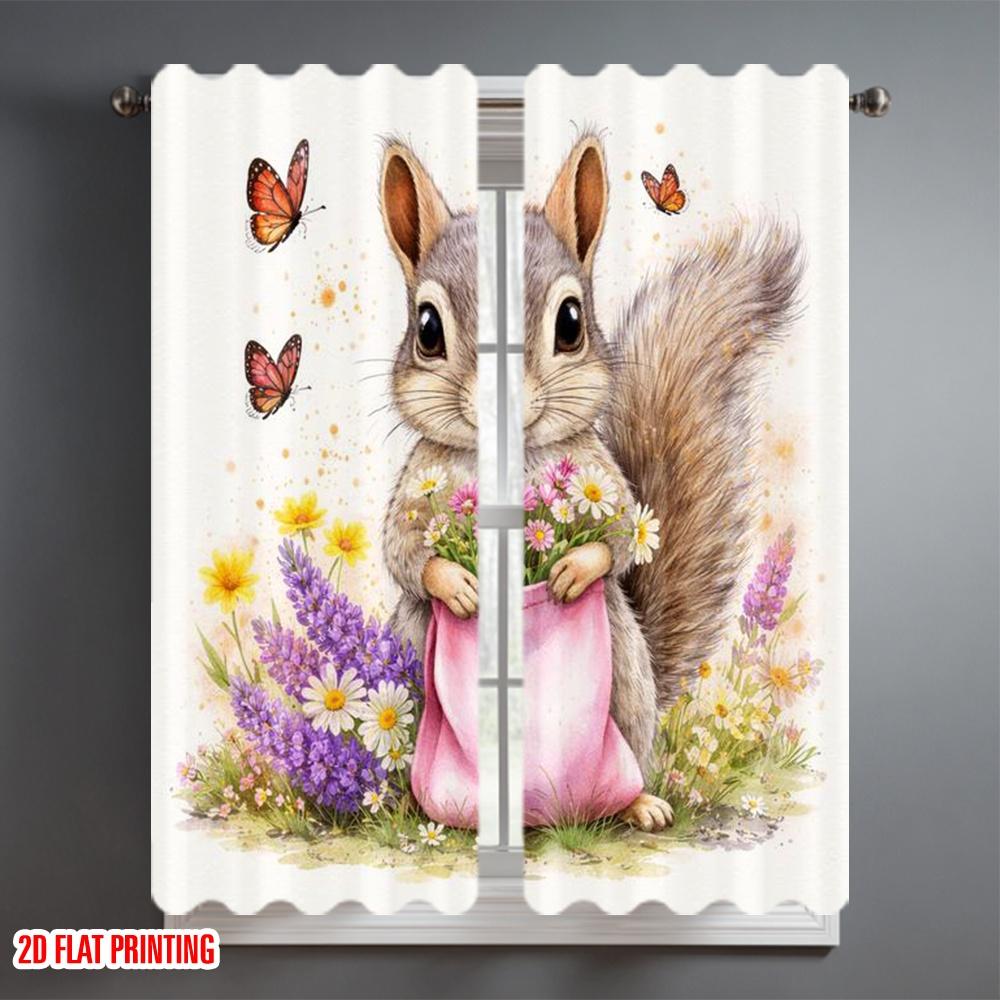 2D flat printing 2pcs Curtain Party Curtains Spring Squirrel with Flowers Digital Printed Polyester Drapes Birthday Party