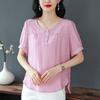 Chiffon Shirt Summer Women's New Belly-covering Breathable Slim and Thin Round Neck Simple Casual Large-size Top