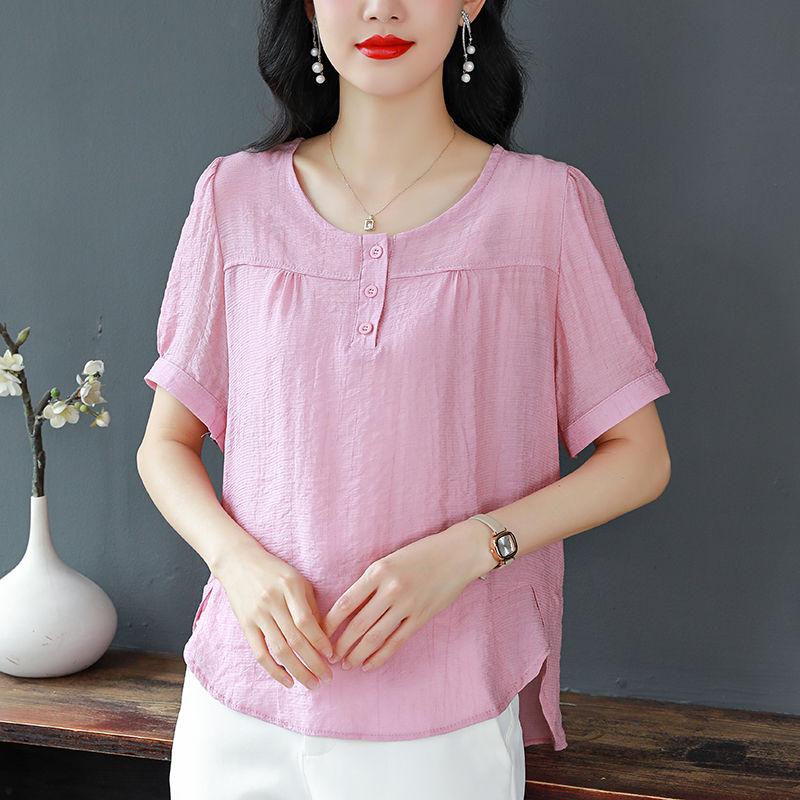 Chiffon Shirt Summer Women's New Belly-covering Breathable Slim and Thin Round Neck Simple Casual Large-size Top