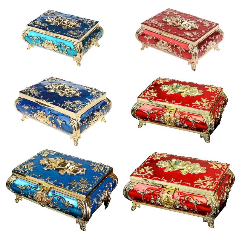 Vintage Metal Jewelry Box Trinket Storage Box for Rings Earrings Necklace Treasure Chest Organizer Antique Keepsake Gift