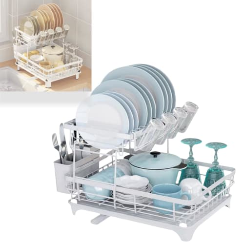 XLRPAT Dish Drainer, 2-Tier Kitchen Dish Drainer with Double Drainer, Cup Rack, Side Drain, No More Water Left Behind In the Stovetop, Kitchen Helper,