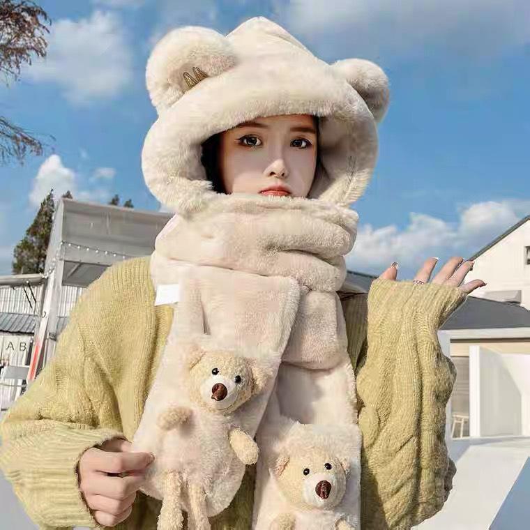 Little Bear Winter Hat & Ear Muffs Set: Cute Plush Hood with Gloves & Scarf 3-Piece for Kids