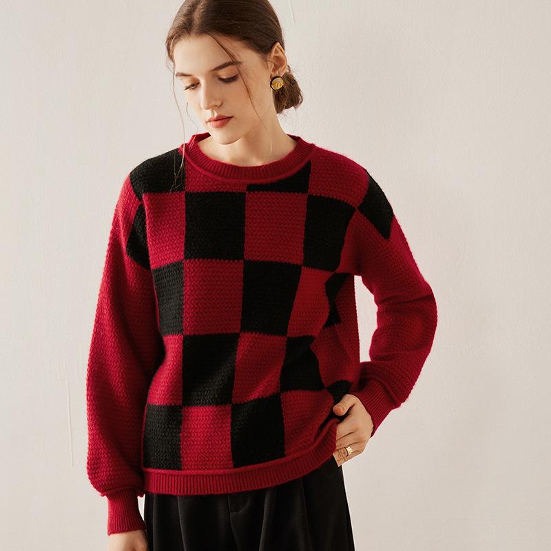 Women's Color-Block Cashmere Sweater: Round Neck, Drop Shoulder Pullover for Autumn/Winter - Thick, Loose, Casual Knitwear