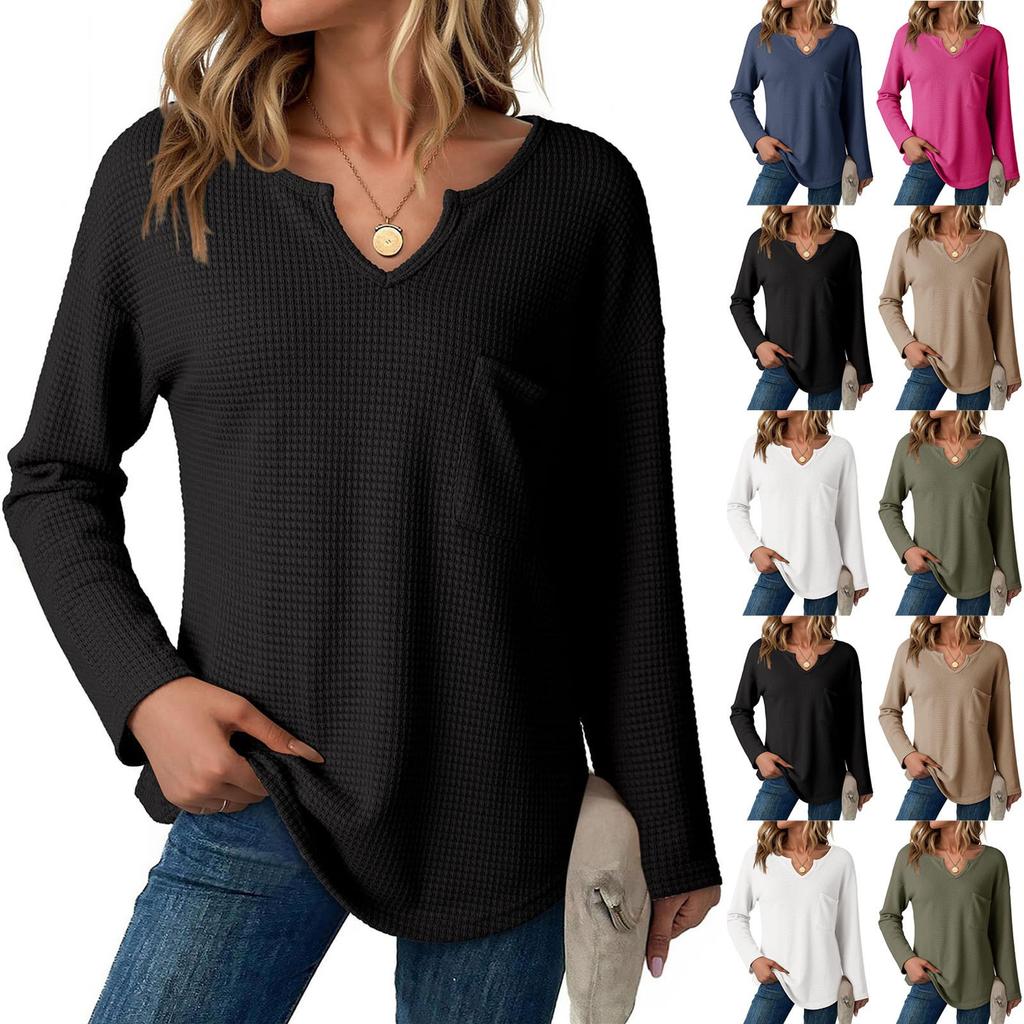 Women's Loose And Comfortable Solid Color Casual Fashion Long Sleeved V-neck Pocket Top