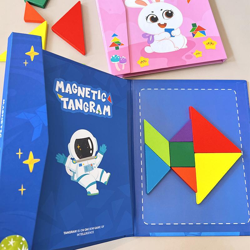 Montessori Magnetic Tangram Wooden Puzzle Book for Children Jigsaw Portable Educational Learning Intelligence Toys for Baby Kids