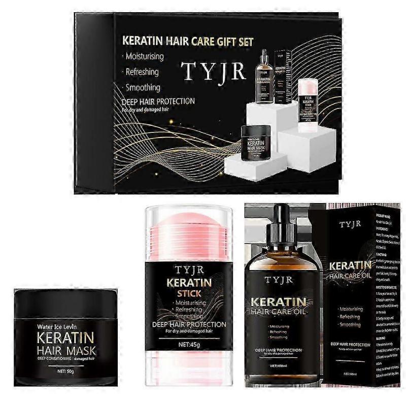 Keratin Hair Care Set: Keratin Hair Mask, Keratin Hair Stick, Keratin Hair Care Oil, Deep Hair Conditioner - Dry, Split End, Damaged Hair Repair Treat