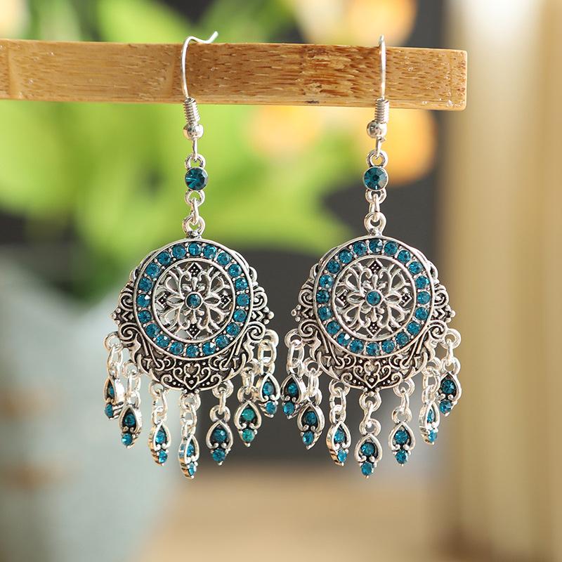 Bohemian Ethnisch Lang Blau Acryl Kristall Wassertropfen Ohrringe für Damen Retro Temperament Geometrisch Hängende Ohrringe Schmuck