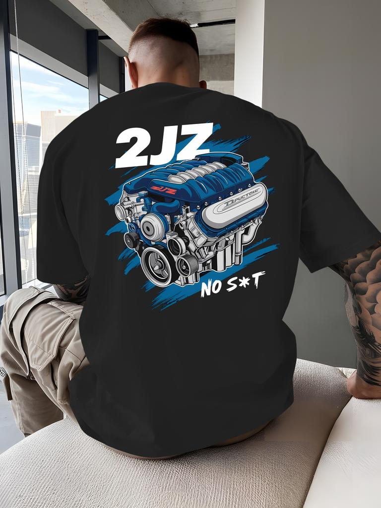 Motor Neues Herren Grafik T-Shirt 2JZ NORST Motor Rückendruck Marineblau Lässiges Kurzarm-T-Shirt Atmungsaktives Rundhals Sommer Oberteil