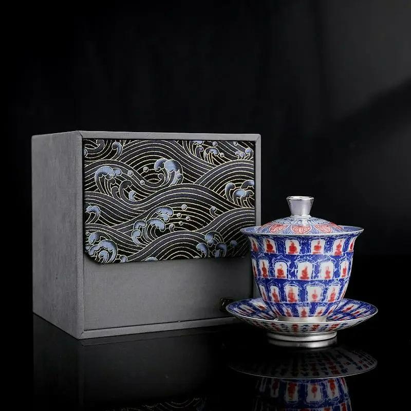 

180ml ceramic semi handmade silver gold-plated Buddha flower covered bowl, exquisite and unique tea set, blue Kung Fu tea set 180
