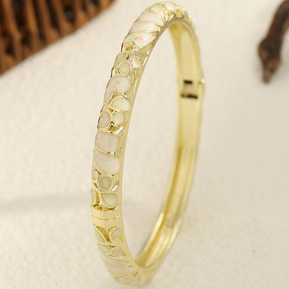 Ethnic Style Cloisonne Bangle Flower Pattern Open Bangle Charming Metal Enamel Bangle  Party белый