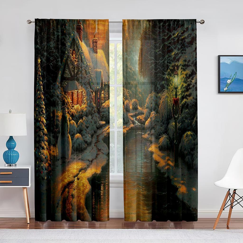 Christmas Scenery Santa Delivering Presents Sheer Voile Curtain Elk Window Tulle Curtains for Living Room Kitchen Bedroom Decor
