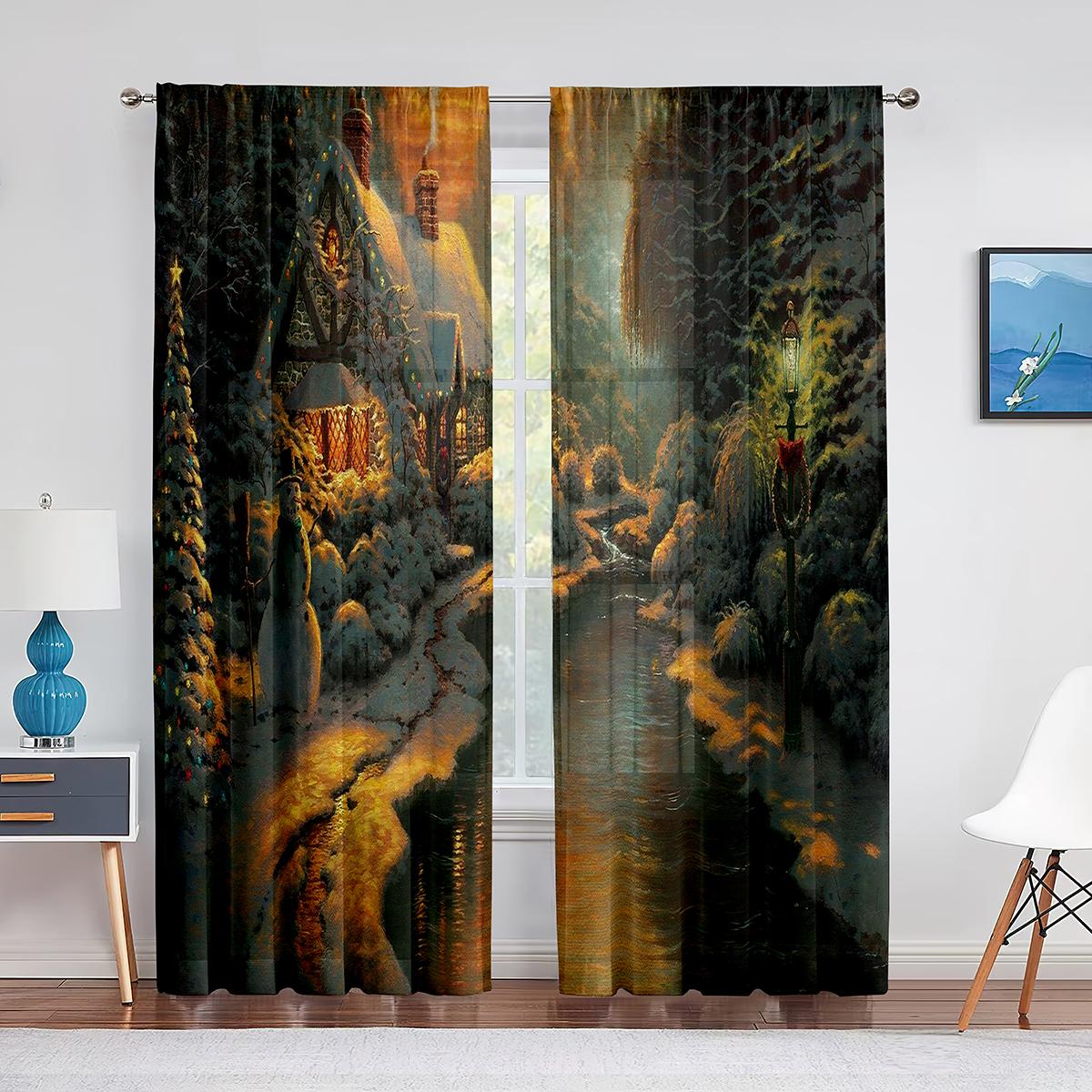 Рождественский пейзаж Санта-Доставка Подарков Прозрачная Вуаль Шторы Лось Окна Тюлевые — фото 12