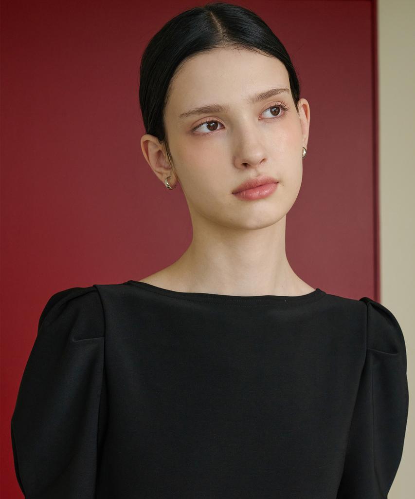 Bye Bye Seop Boat Neck Puff Long Dress Black [T43]