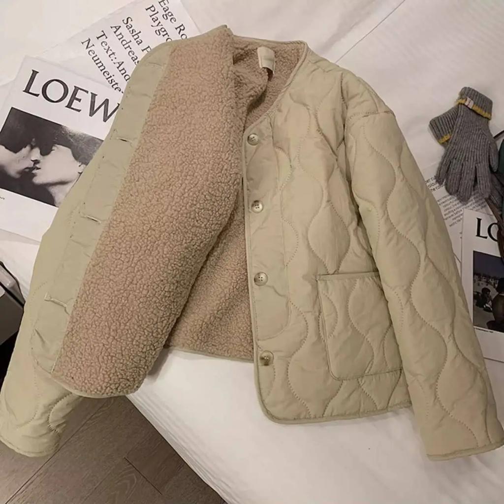 Lamb Wool Cotton-padded Quilted Coats Women Wool-liner Warm Diamond Grid Jacket Lightweight Single-breasted Winter Short Coats