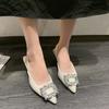 Baotou Sandals Women's New Summer Rhinester Square Buckle Fairy Wind After Empty French Fine Heel High Heel Pointed Single Shoes