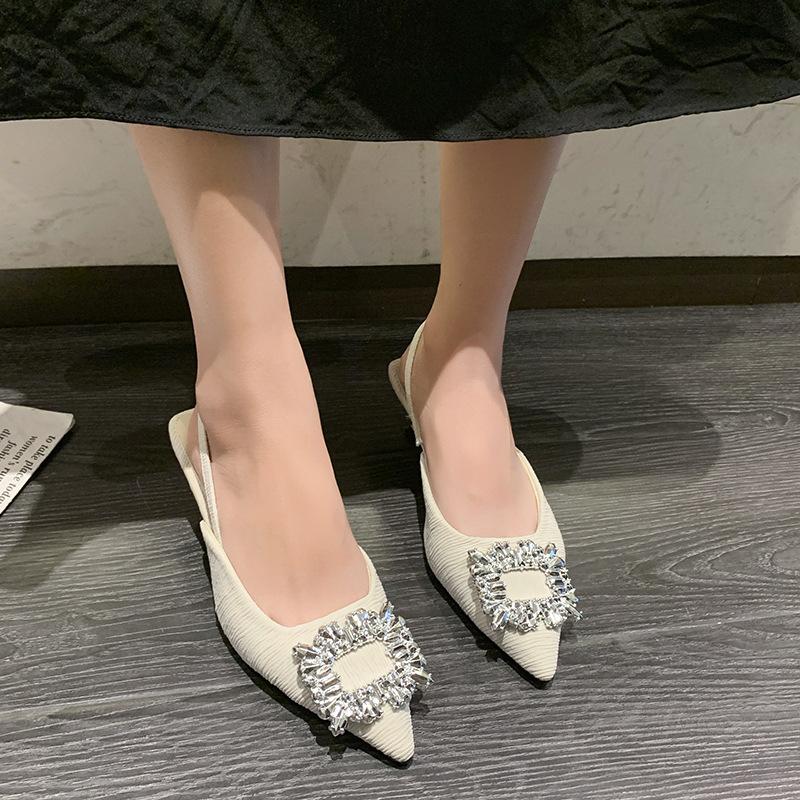 Baotou Sandals Women's New Summer Rhinester Square Buckle Fairy Wind After Empty French Fine Heel High Heel Pointed Single Shoes