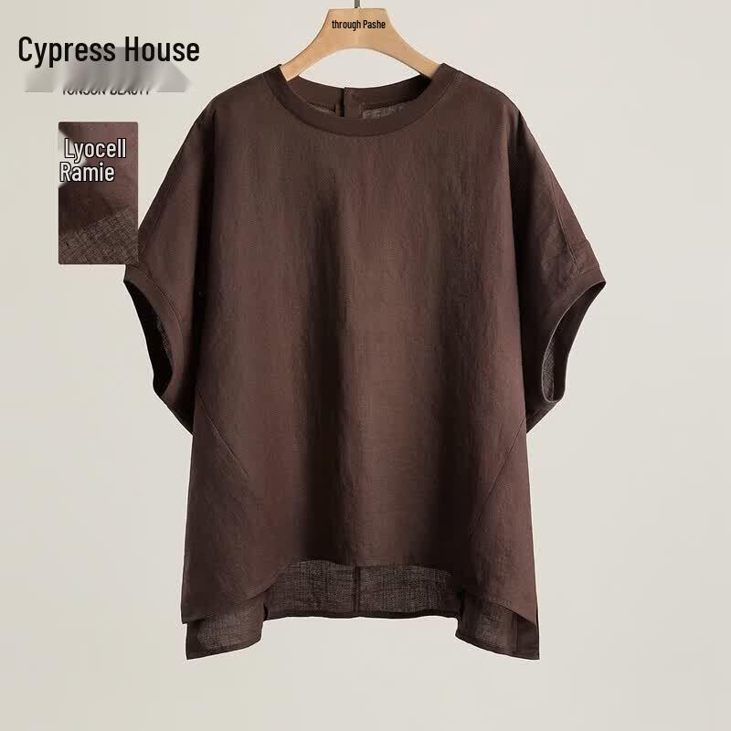 Women s Lyocell-Ramie Blend Round Neck Loose Pullover Top L темный кофе