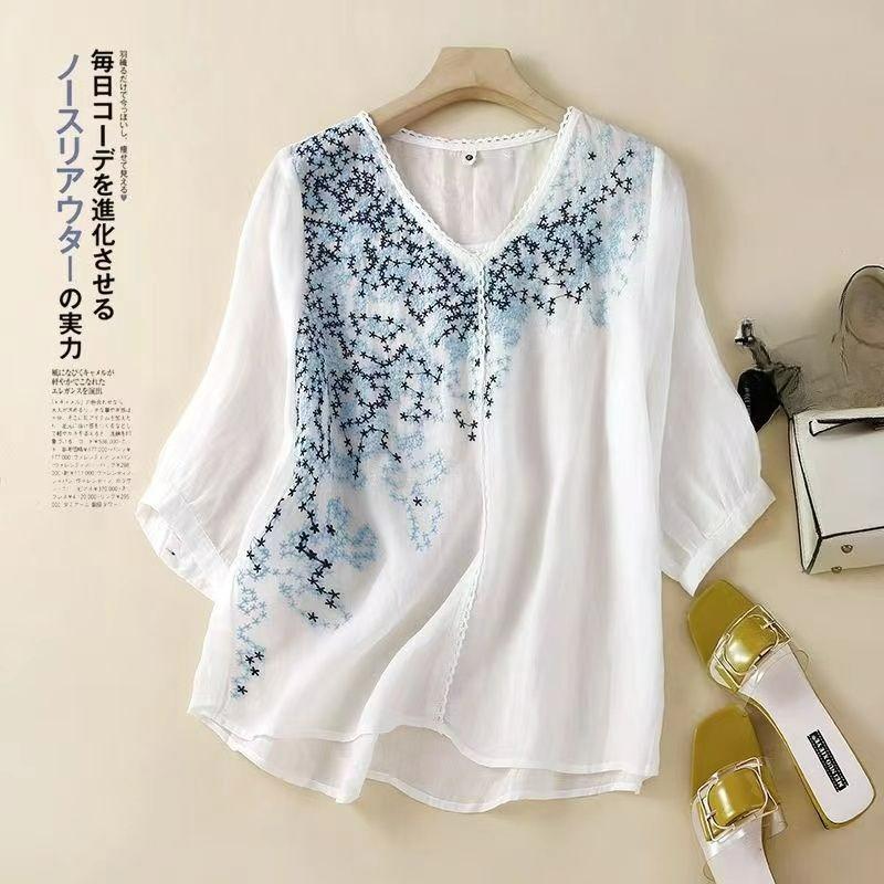

Summer Embroidered Lace, Loose and Thin, Covering Meat, Cotton and Linen Blouse, Fat Mm Half-sleeved T-shirt, Small Shirt S белый