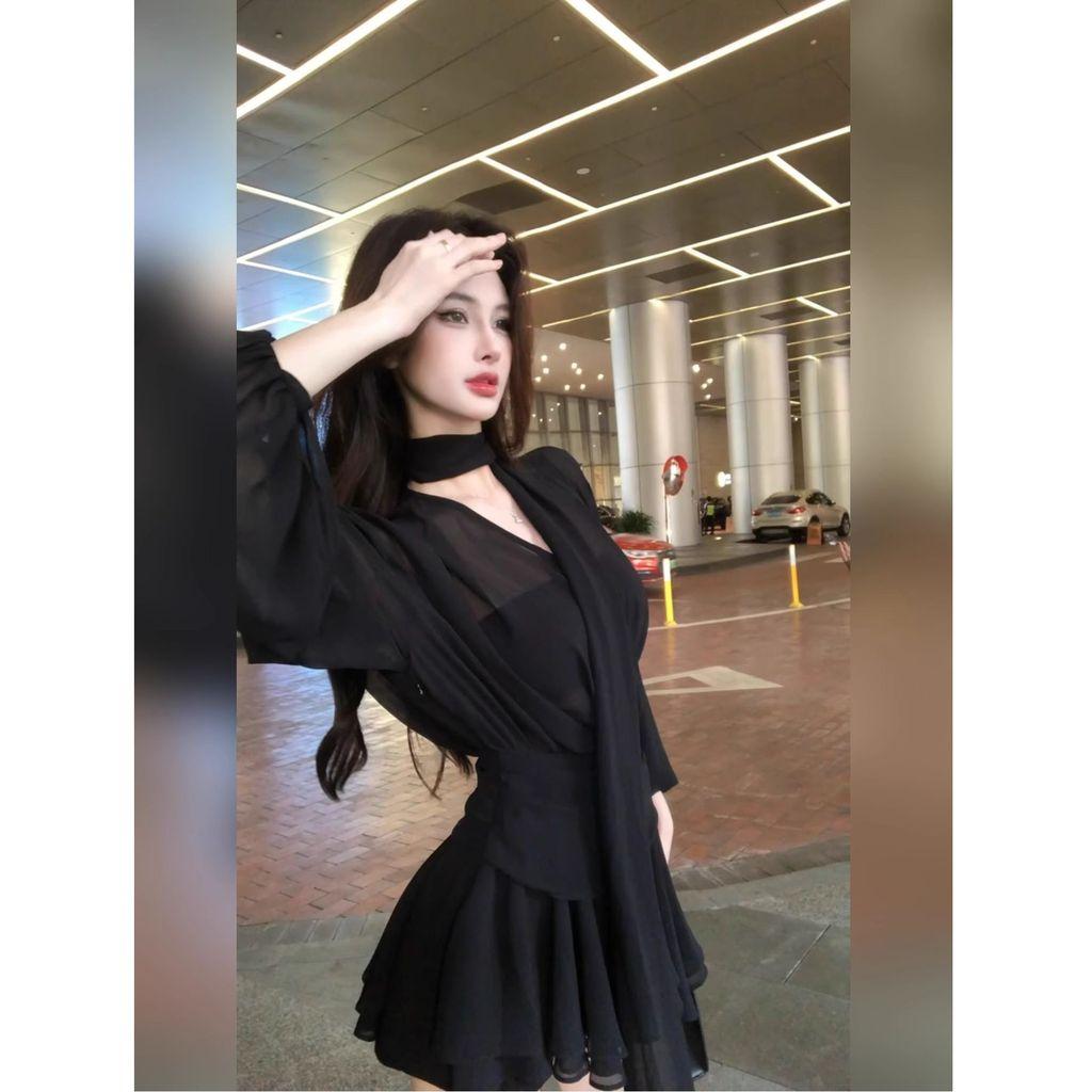 Elegant Polyester Long Sleeve Dress With Waist Cinch For Summer Party Wear