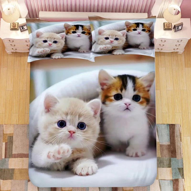 Super Cute Kitten Kids Bedding Set Kawaii Girl Quilt Cove King Queen Size Cute Cat Animal 3pcs Polyester Duvet Cover (No Sheet)