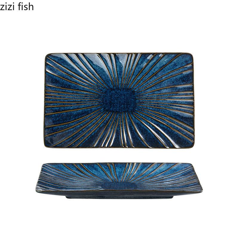 Retro Ceramic Square Plate Dessert Plate Sushi Dish Sashimi Dish Relief Striped Tableware Creative Snack Plate Steak Plates