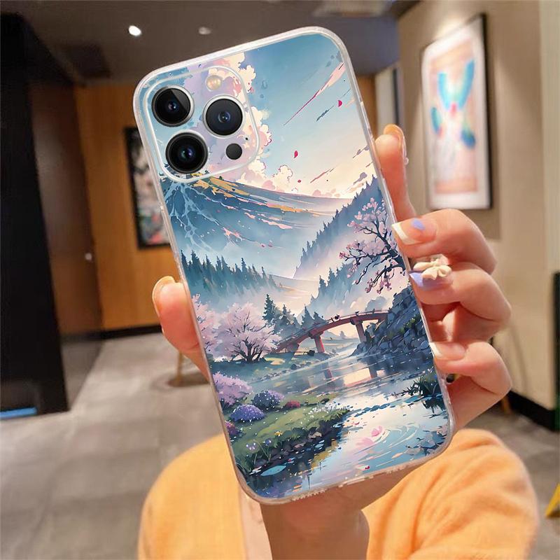 Japanese Landscape Cherry Flower Phone Case For iPhone 17 Pro Max 17 Air 16 15 14 13 Pro Max 15 16 Pro 15Plus