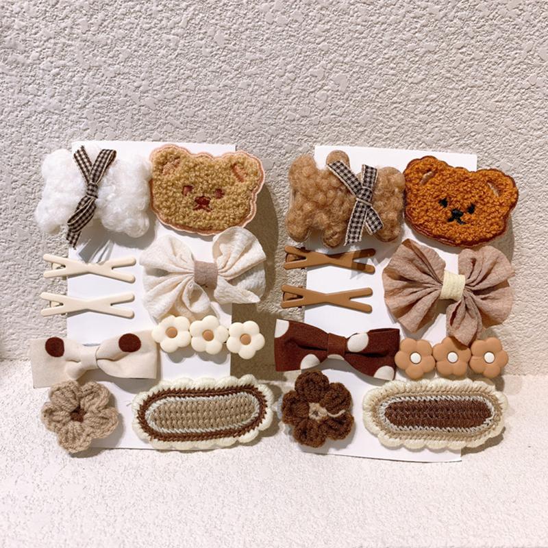 9Pcs/Set Korean Hair Clip Cute Plush Bear Knitting Hair Clips For Girls Bow Flower Hairpins Barrettes Kids Baby Hair Accessories