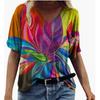 Summer V-neck 3D Feather Flower Printed Top Fashionable Casual Short Sleeved Women's T-shirts