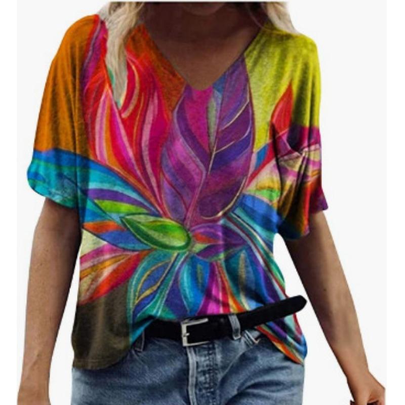 Summer V-neck 3D Feather Flower Printed Top Fashionable Casual Short Sleeved Women's T-shirts