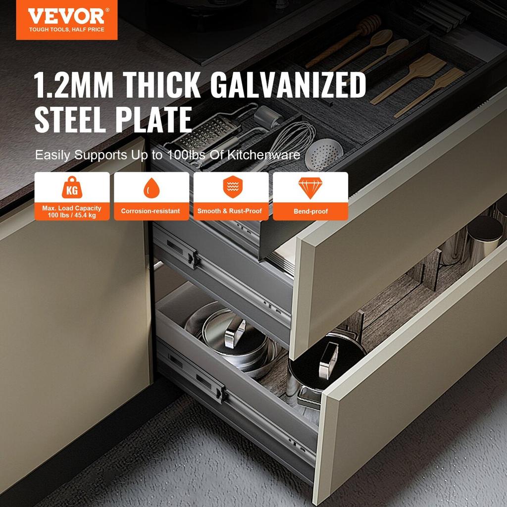 10 Pairs of 457.2mm Drawer Slides Side Mount Rails, Heavy Duty Full Extension Steel Track, Soft-Close Noiseless Guide Glides Cabinet Kitchen Runners