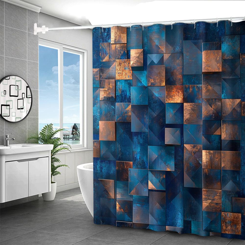 1 Piece Blue Geometric Digital Print Polyester Shower Curtain with Hooks, Modern Bathroom Decor, Curtain | Polyester Fabric