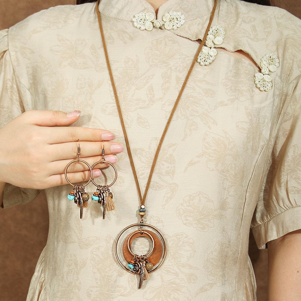 Wood Geometric Jewelry Set Vintage Distressed Finish Sweater Chain Women Pendant  Daily Outfit