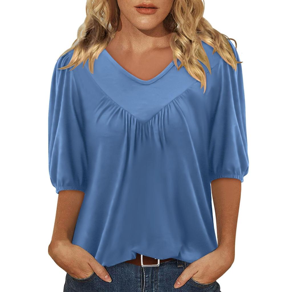 Women's Fashionable Solid Color V Neck Five Quarter Sleeve Pleated Casual Loose Pullover Top