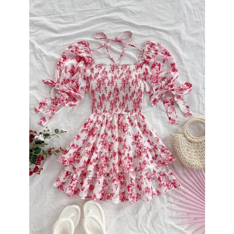 Summer Floral Print Square Neck Ruffled Puff Sleeve Vacation Dress