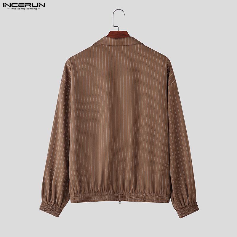 INCERUN Men Lapel Neck Long Sleeve Striped Casual Zip-up Thin Jackets Coats