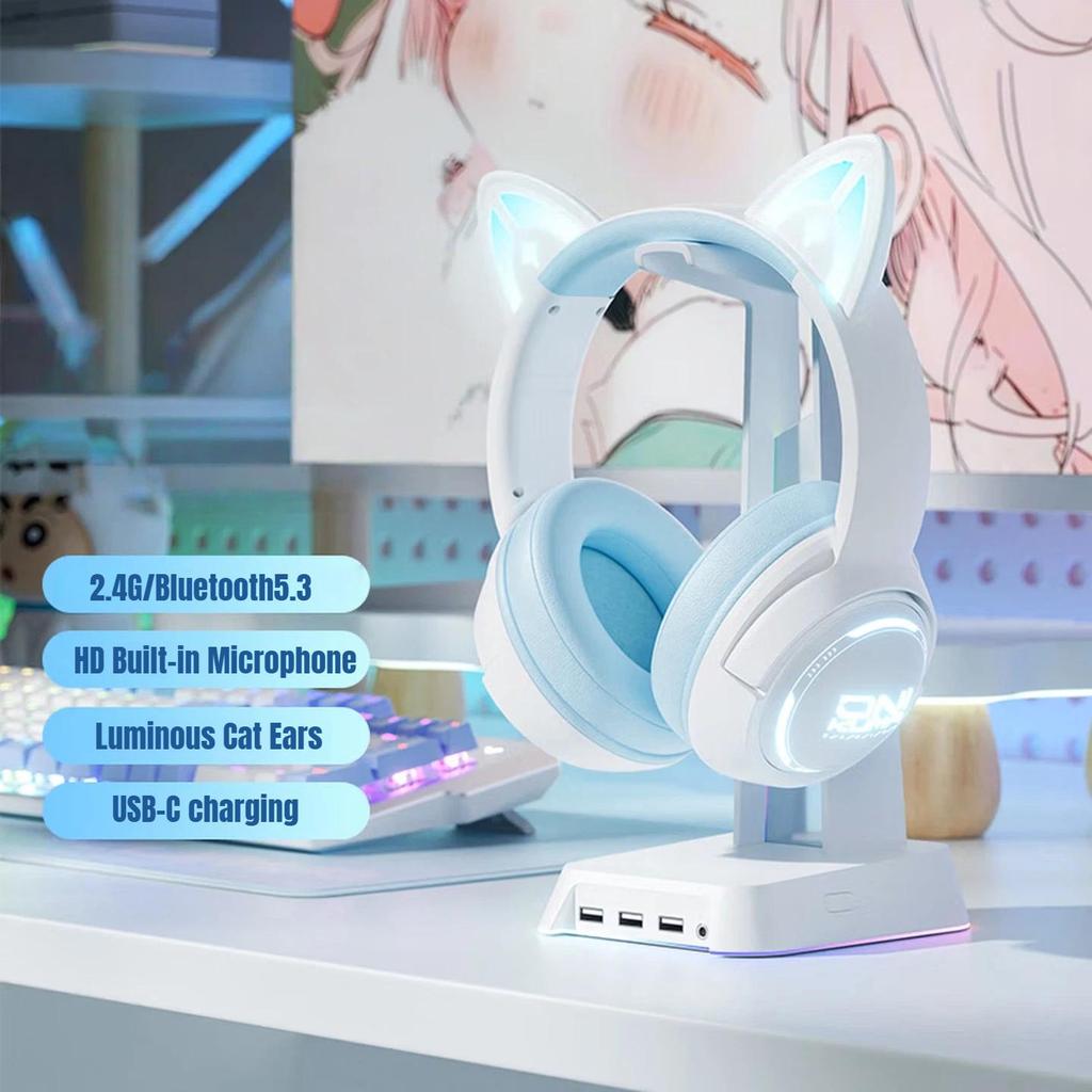 ONIKUMA Cat Ear Headphones, Wireless Bluetooth Tri-Mode, Noise-Cancelling, Music Gaming Headset with Microphone, White