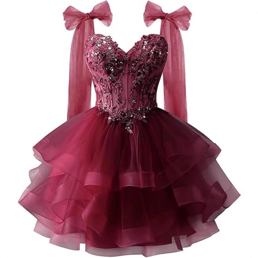 Sparkling lace applique short back to school dress, layered chiffon bow strap mini ball skirt, girls' party outfit, Halloween party