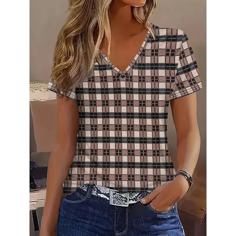 Creative Colorful Stripe Pattern Summer Soft Fashionable Comfortable Women's T-Shirts Casual Breathable Loose V-Neck Short-Sleeve T-Shirt