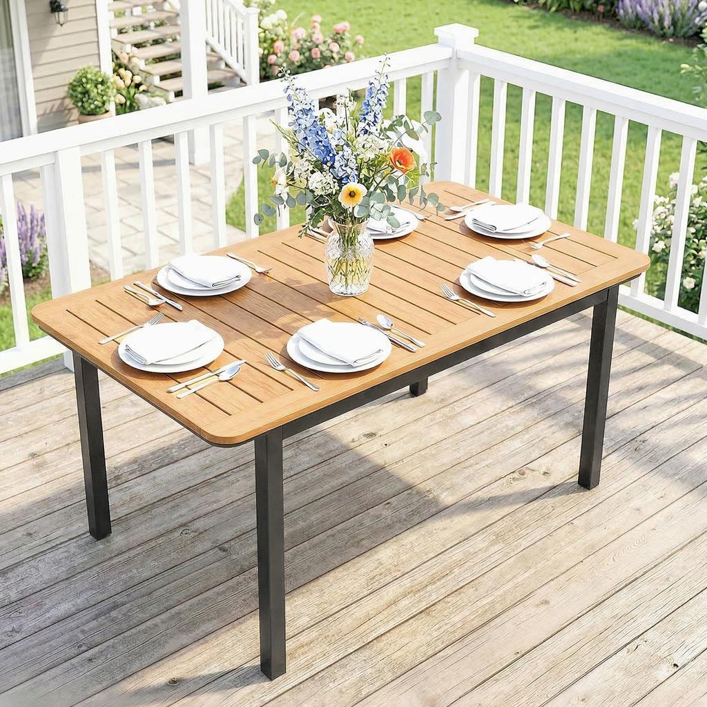 Garden Dining Table for 6, Composite Wood, Metal Frame, 127 x 70 cm, Brown