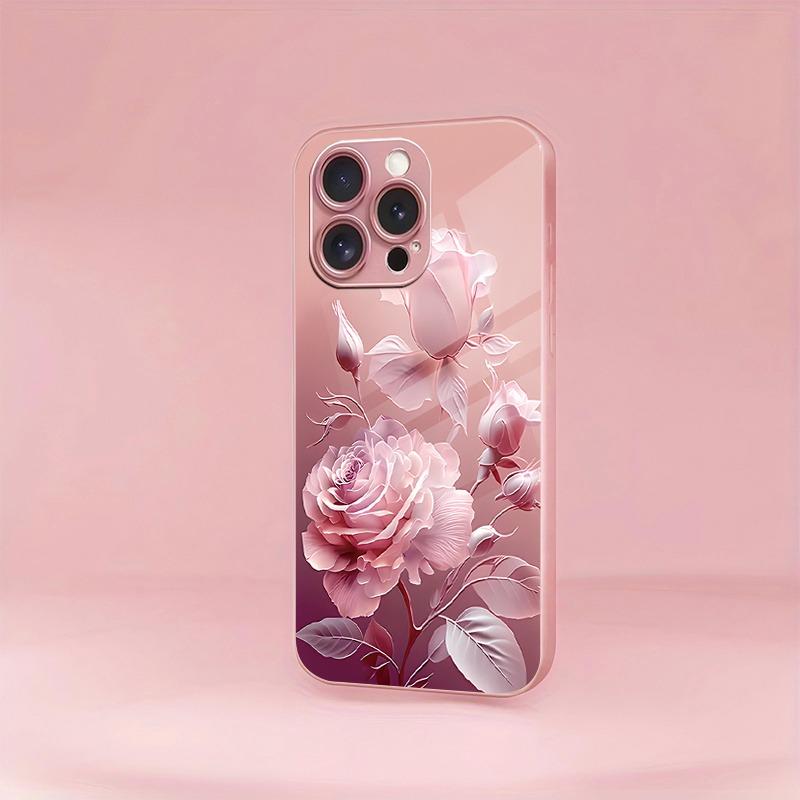 Luxury Pink Rose Pattern Pink Metallic Paint Glass Hard Phone Case For iPhone 17 16 15 14 13 12 11 Pro Max Plus 16E 17Air Cover