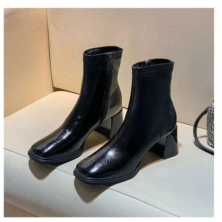 Foreign trade French square head thick heel short boots 2024 new retro fashion thin boots short small single boots