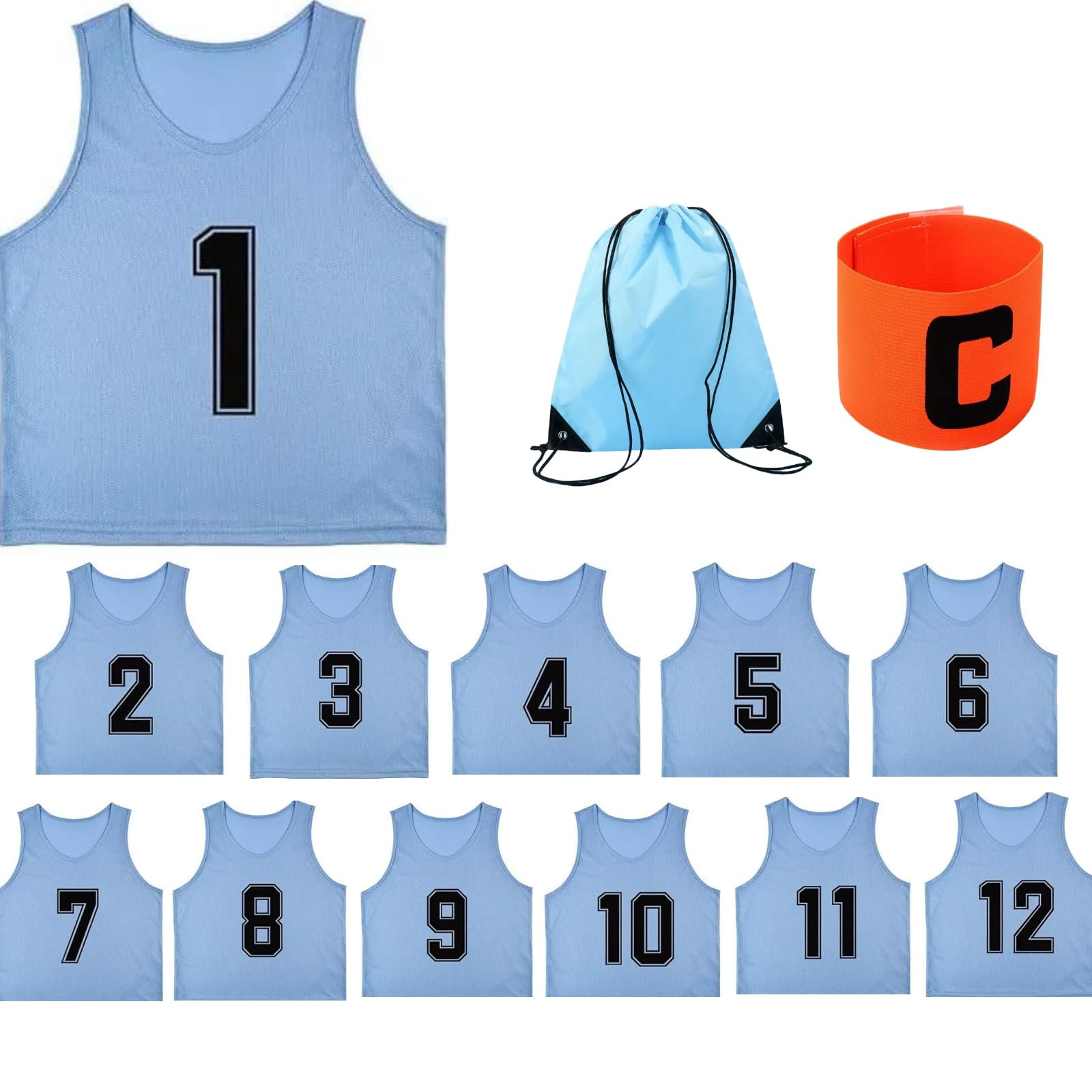 

12 pieces of bibs with numbers 1 to 12 on the front and back with a drawstring storage bag and kids soccer bibs quick suitable for group activities