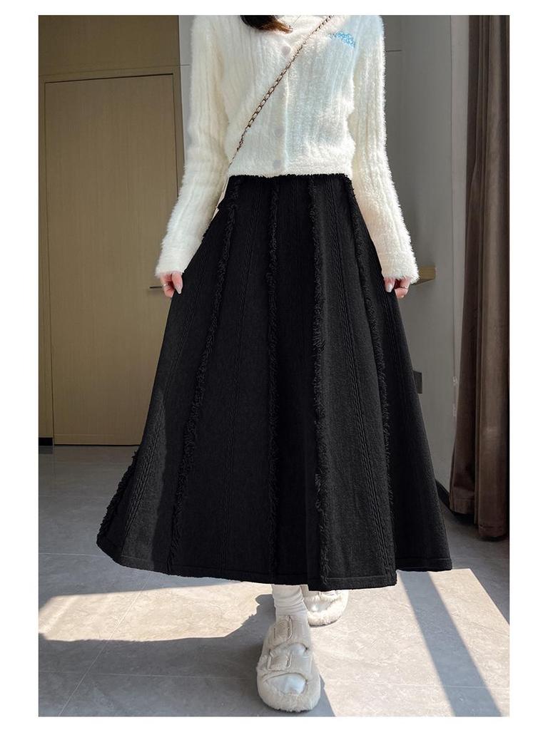 Women's Autumn-Winter White Wool Midi Skirt: High Waist, A-Line with Tassel Detail