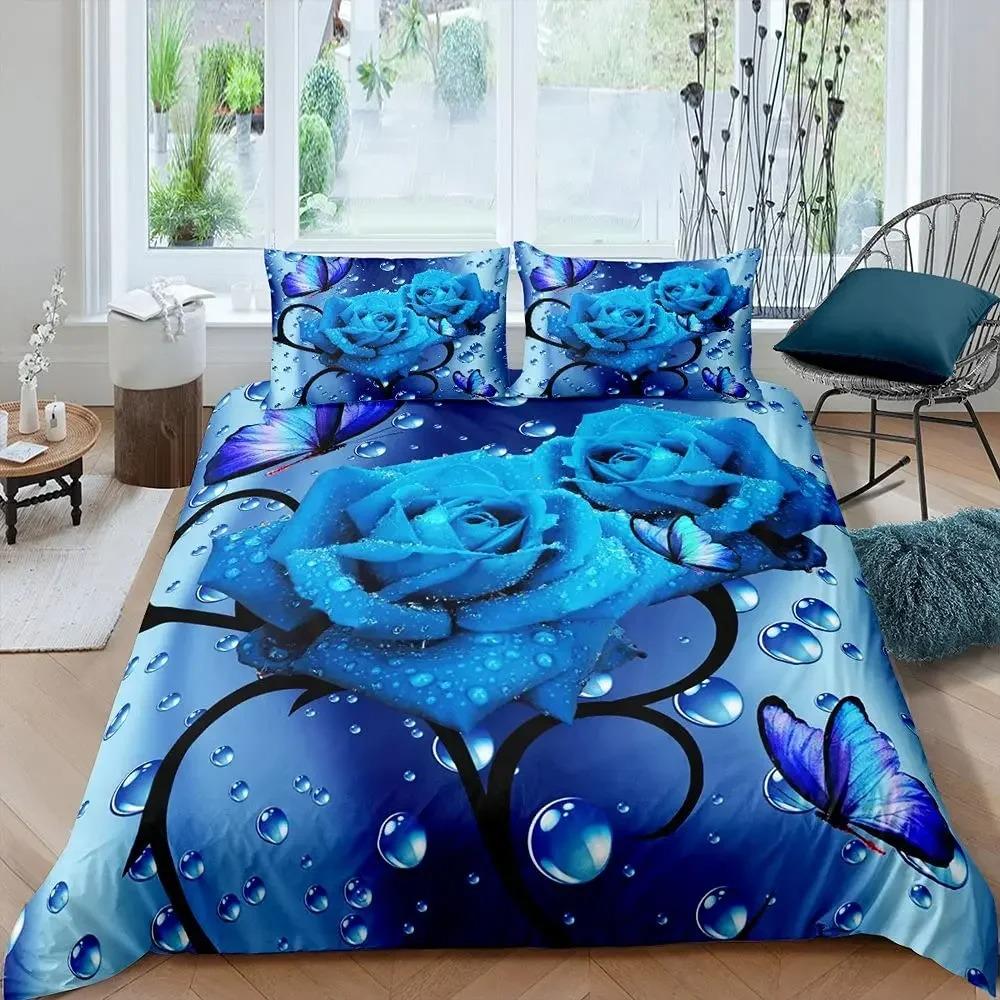 Blue Rose Floral King Queen Duvet Cover 3D Blossom Flowers Bedding Set Valentine's Day Quilt Cover Botanical Comforter Cover