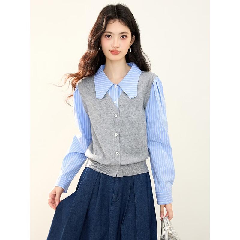 Women's Faux Two-Piece Striped Long Sleeve T-Shirt