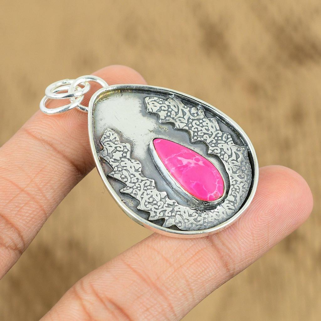 Natural Pink Turquoise Gemstone Pendant 925 Sterling Silver Jewelry For Women