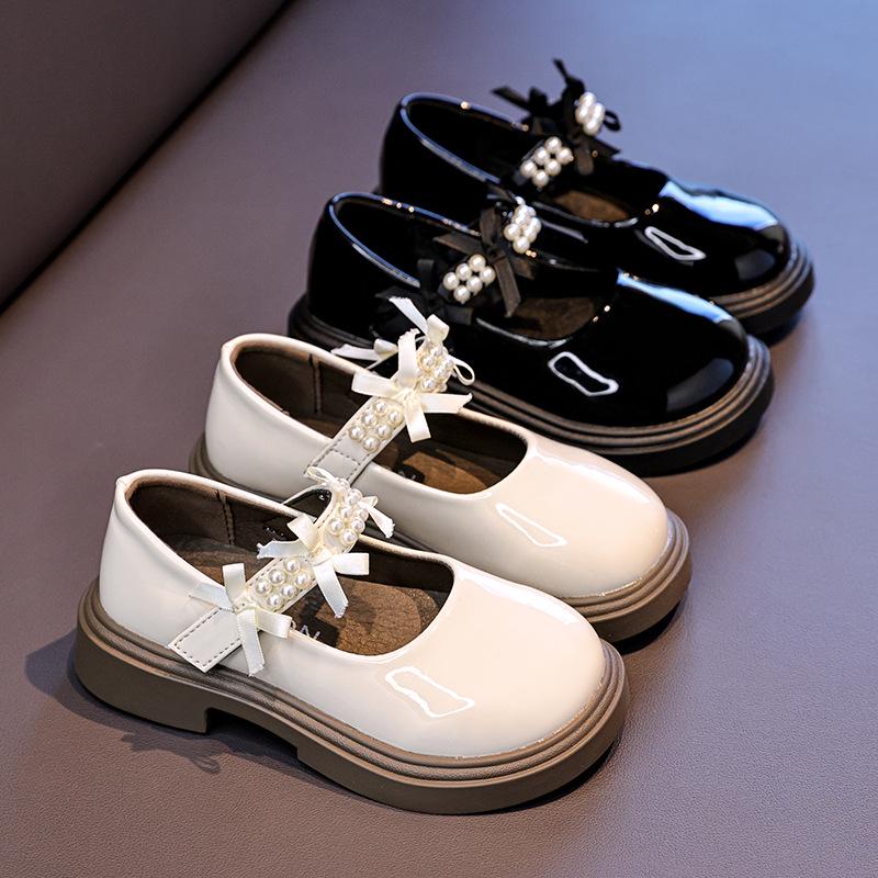 Flickors Pärlrosett Läder Prinsesskor - Mjuk Sula Koreansk Stil för Våren 2026