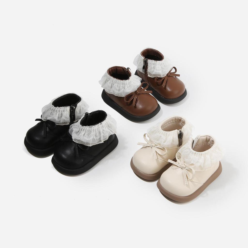 Girls' Autumn-Winter Princess Boots - Cotton-Lined Leather Toddler Shoes with Lace and Velvet Accents