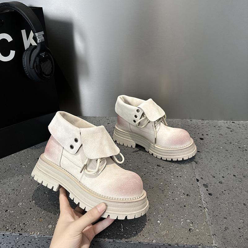 Real Leather Retro Short Boots for Women in Autumn and Winter  New Yellow Single Boots Two on Short Boots